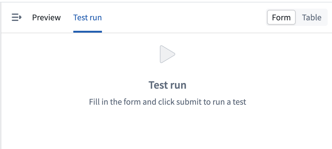액션 폼 미리보기의 Test run 탭