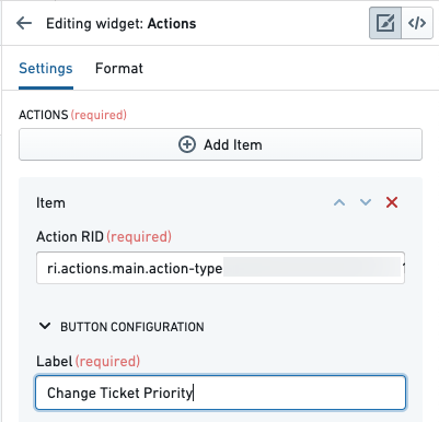 객체 뷰 Actions 위젯에 액션 RID와 버튼 레이블을 지정하는 설정