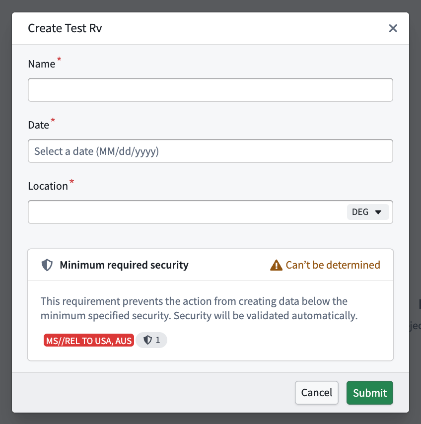 제출 전에 결과 보안을 확정할 수 없는 Minimum required security 표시
