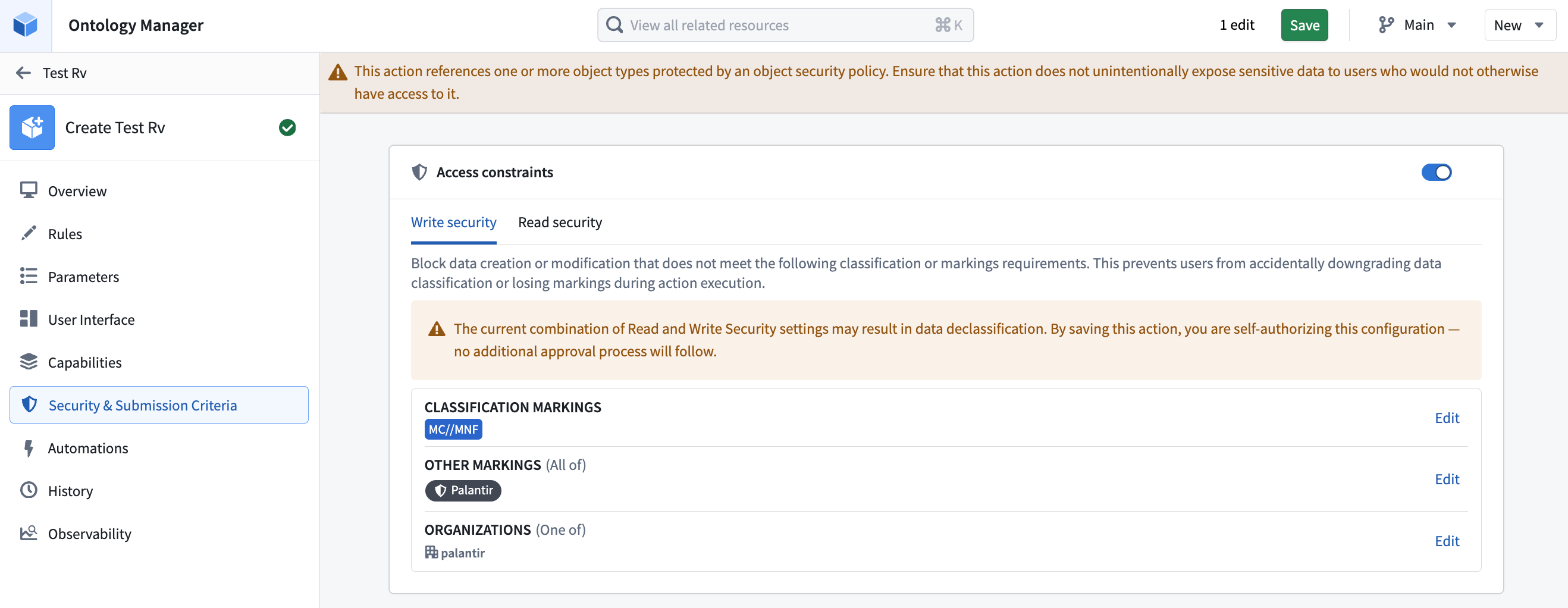 액션 결과에 필요한 최소 분류, 강제 표지와 조직을 설정하는 Write security