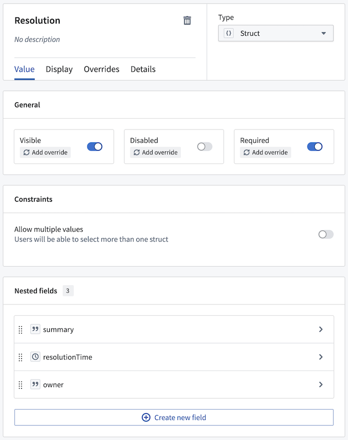 Resolution 입력에 summary, resolutionTime, owner 필드를 구성한 화면
