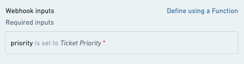 priority 웹훅 입력을 Ticket Priority 액션 입력에 연결하는 설정