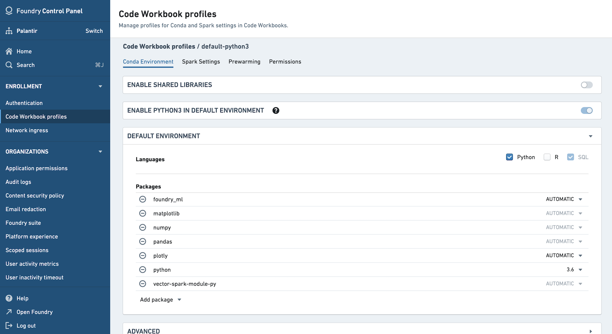 Workbook 프로파일의 Conda 환경