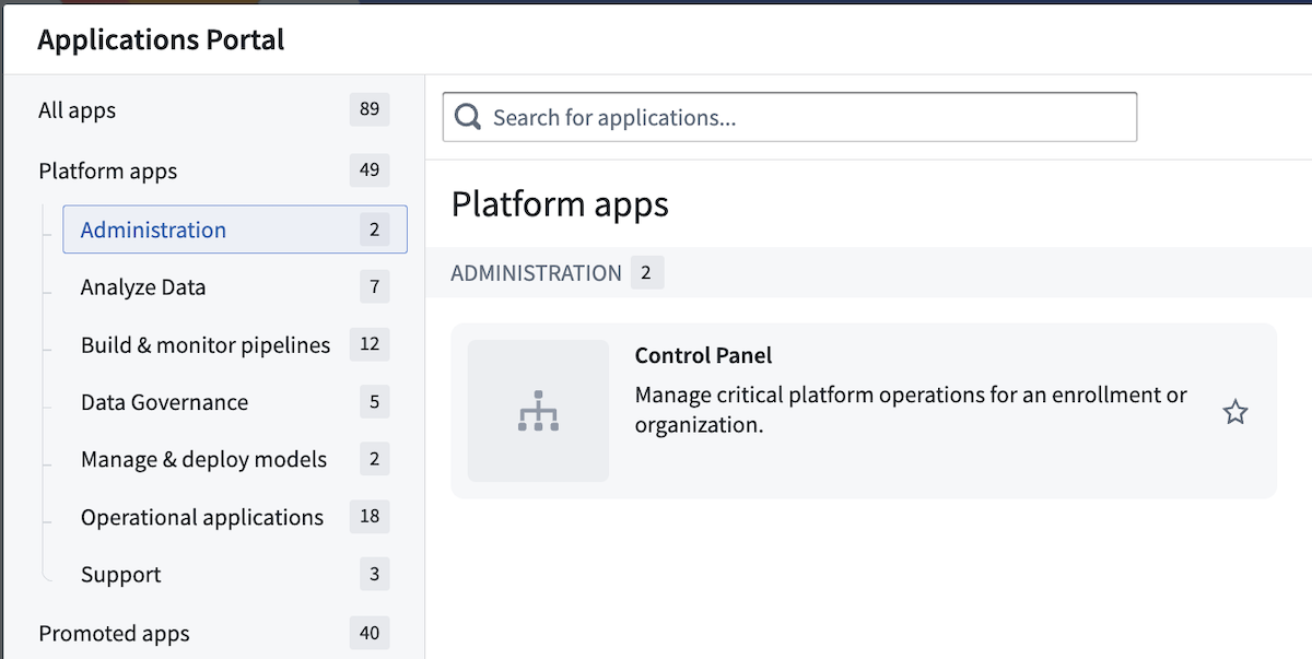 Applications Portal의 Control Panel