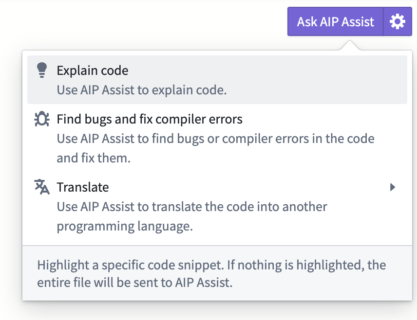 코드 파일에서 Ask AIP Assist 호출