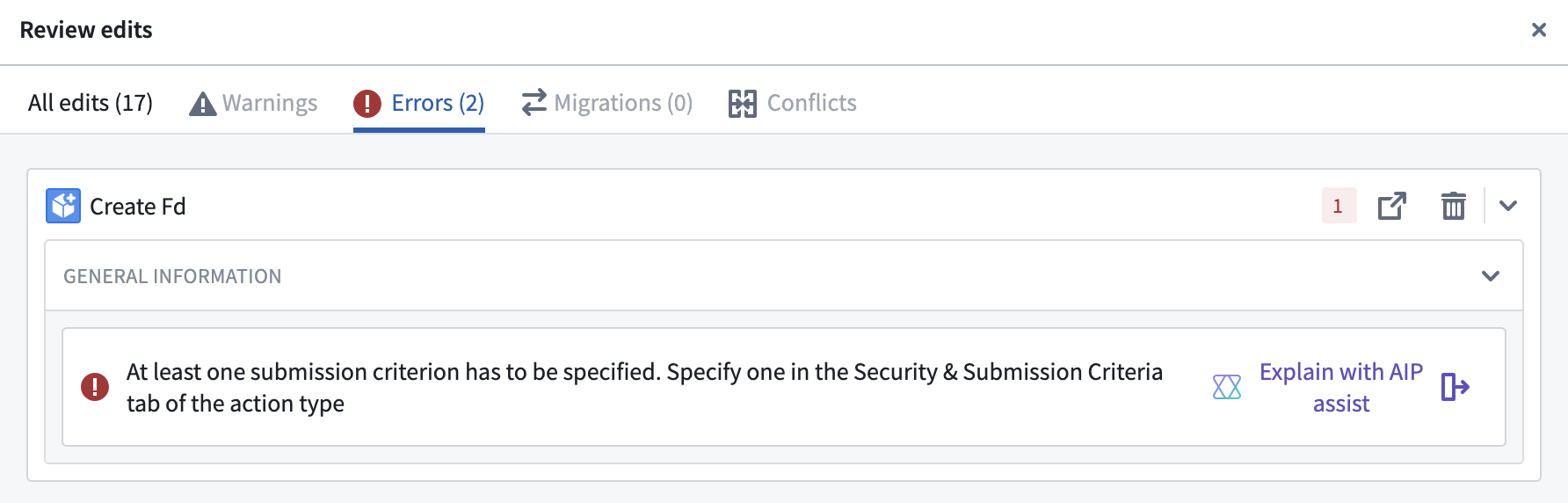 Ontology Manager 오류의 Explain with AIP Assist 메뉴