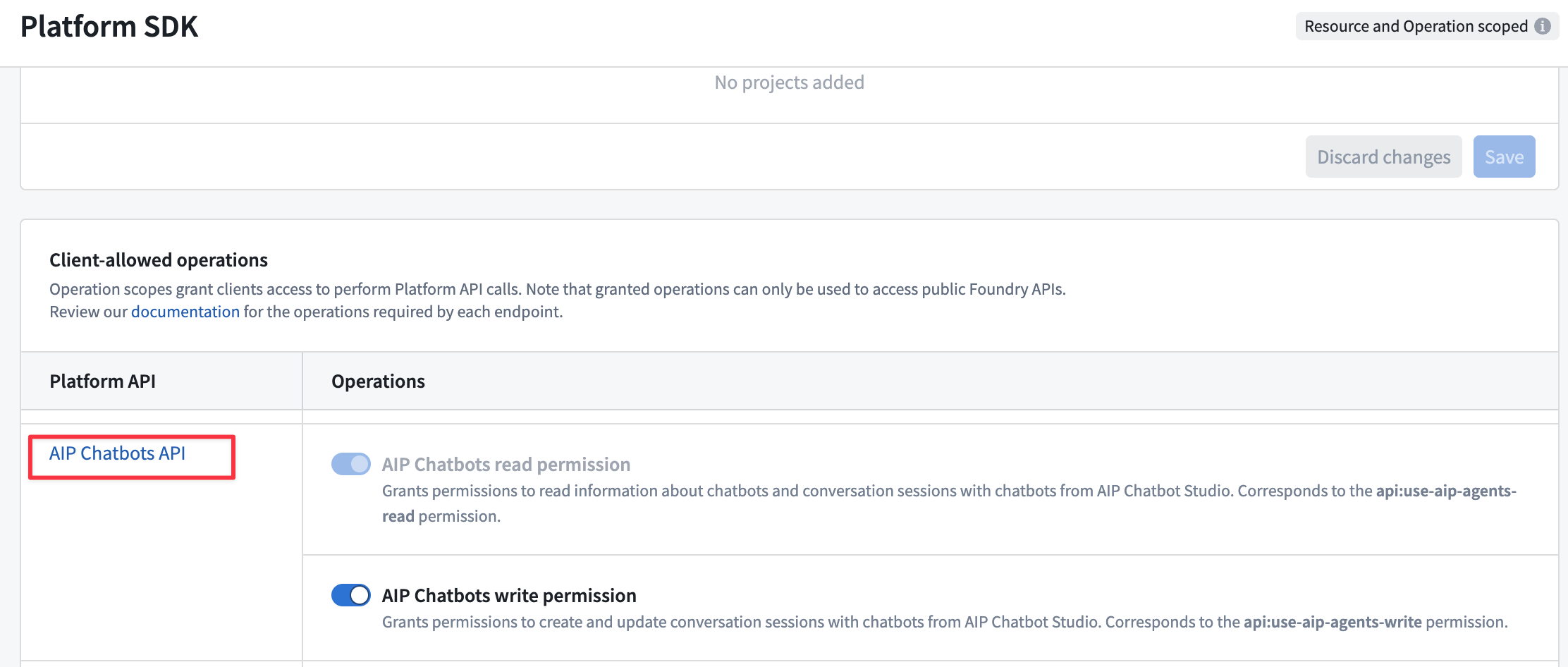 Client allowed operations에서 챗봇 API 작업 허용