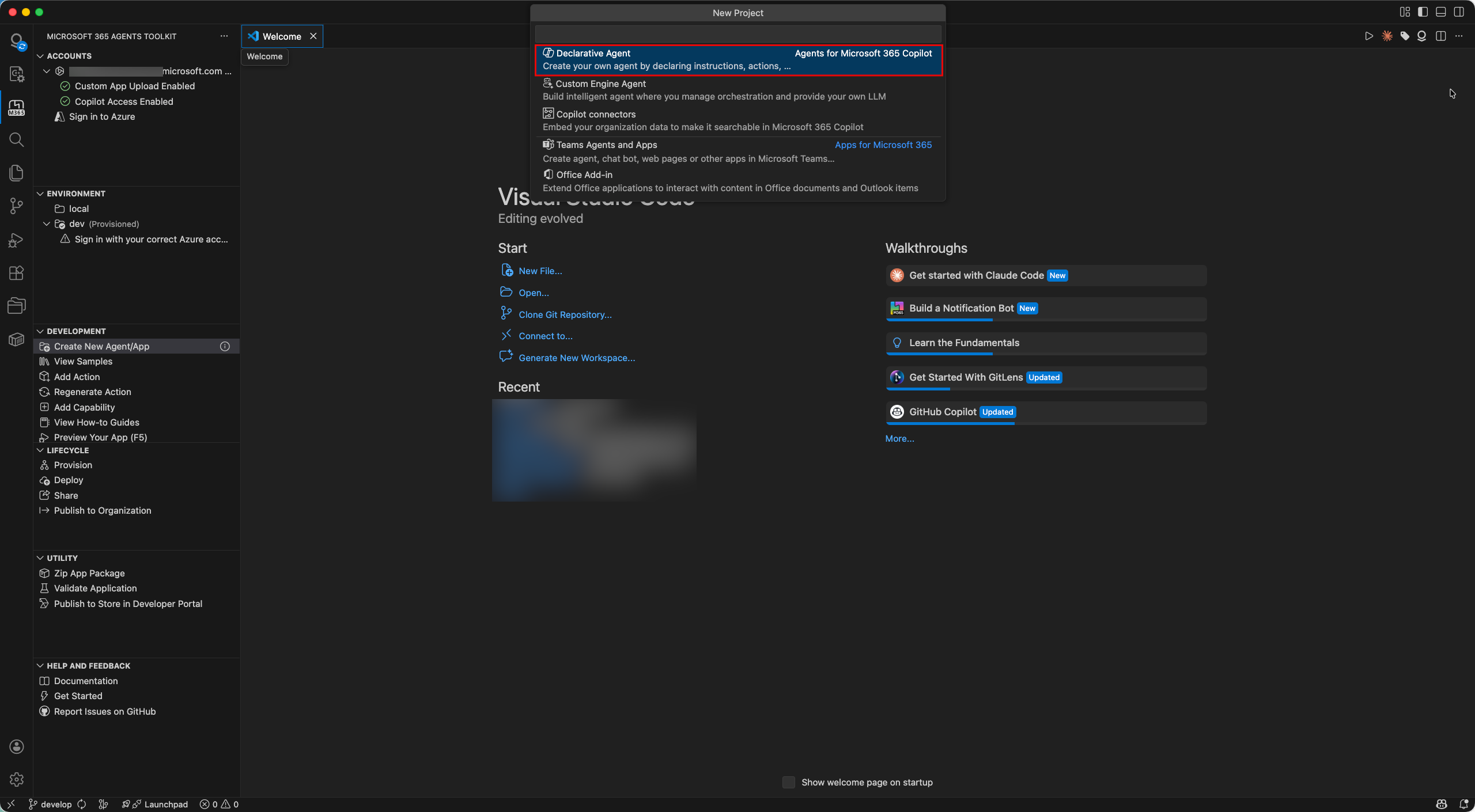 Microsoft 365 Agents Toolkit의 에이전트 생성 안내