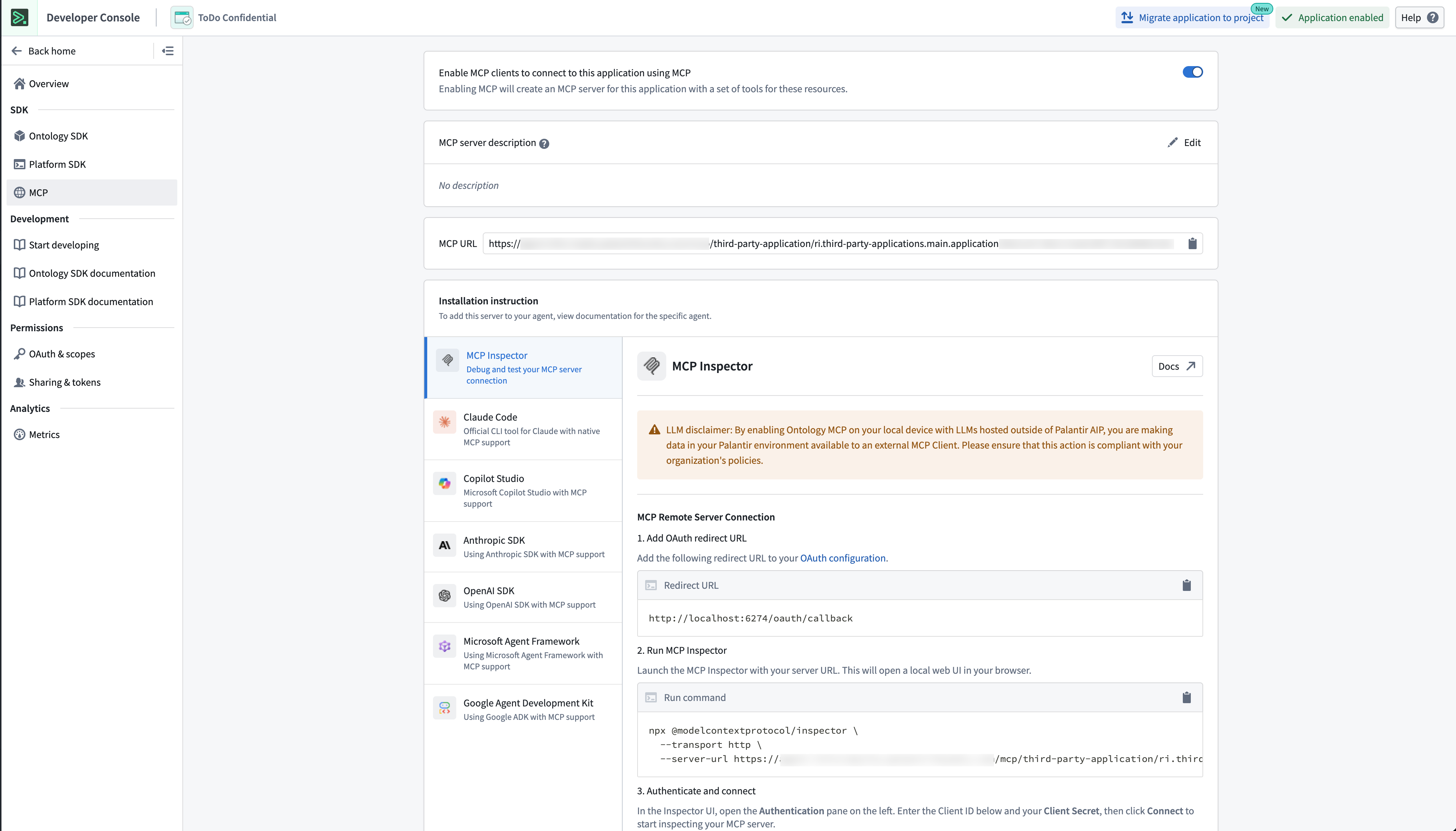Developer Console 앱의 Ontology MCP 활성화