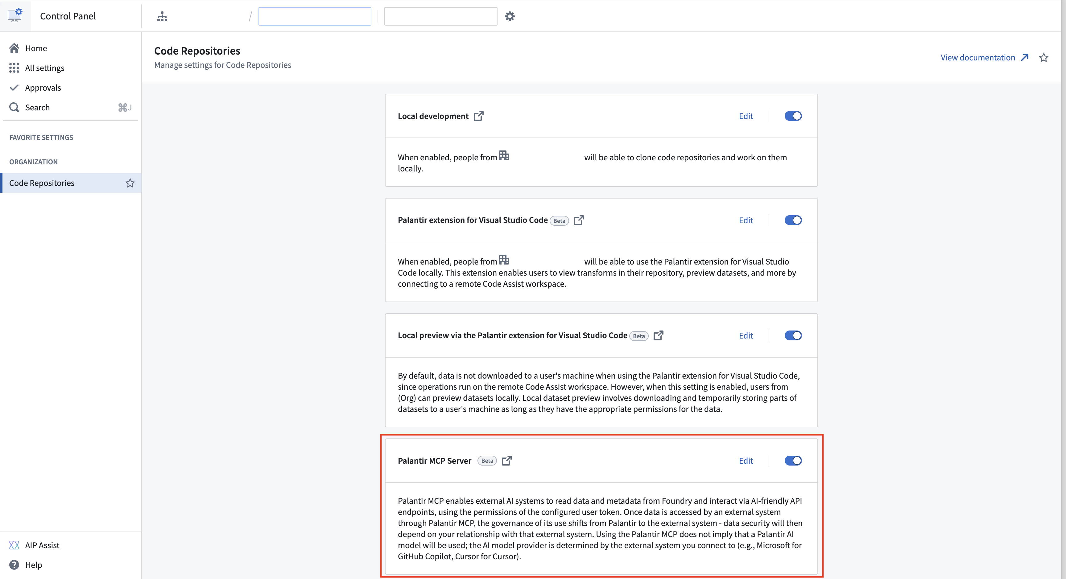 Control Panel의 Palantir MCP 사용자 접근 설정
