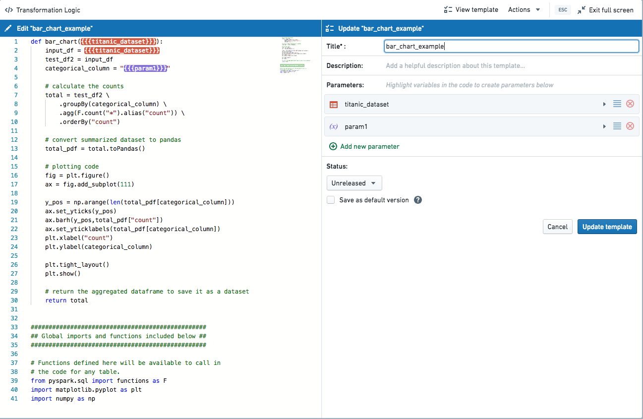 Code Workbook의 코드 템플릿