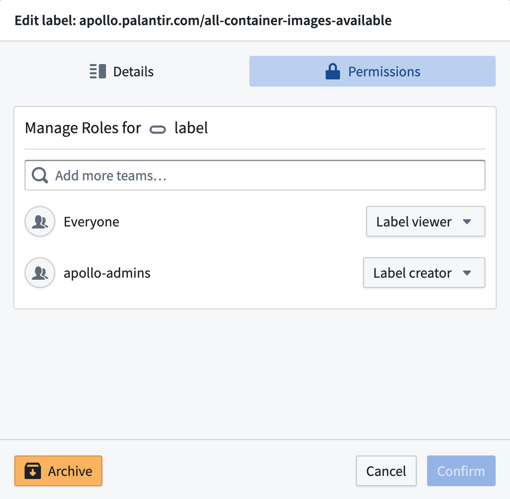 레이블 설정의 Permissions 탭