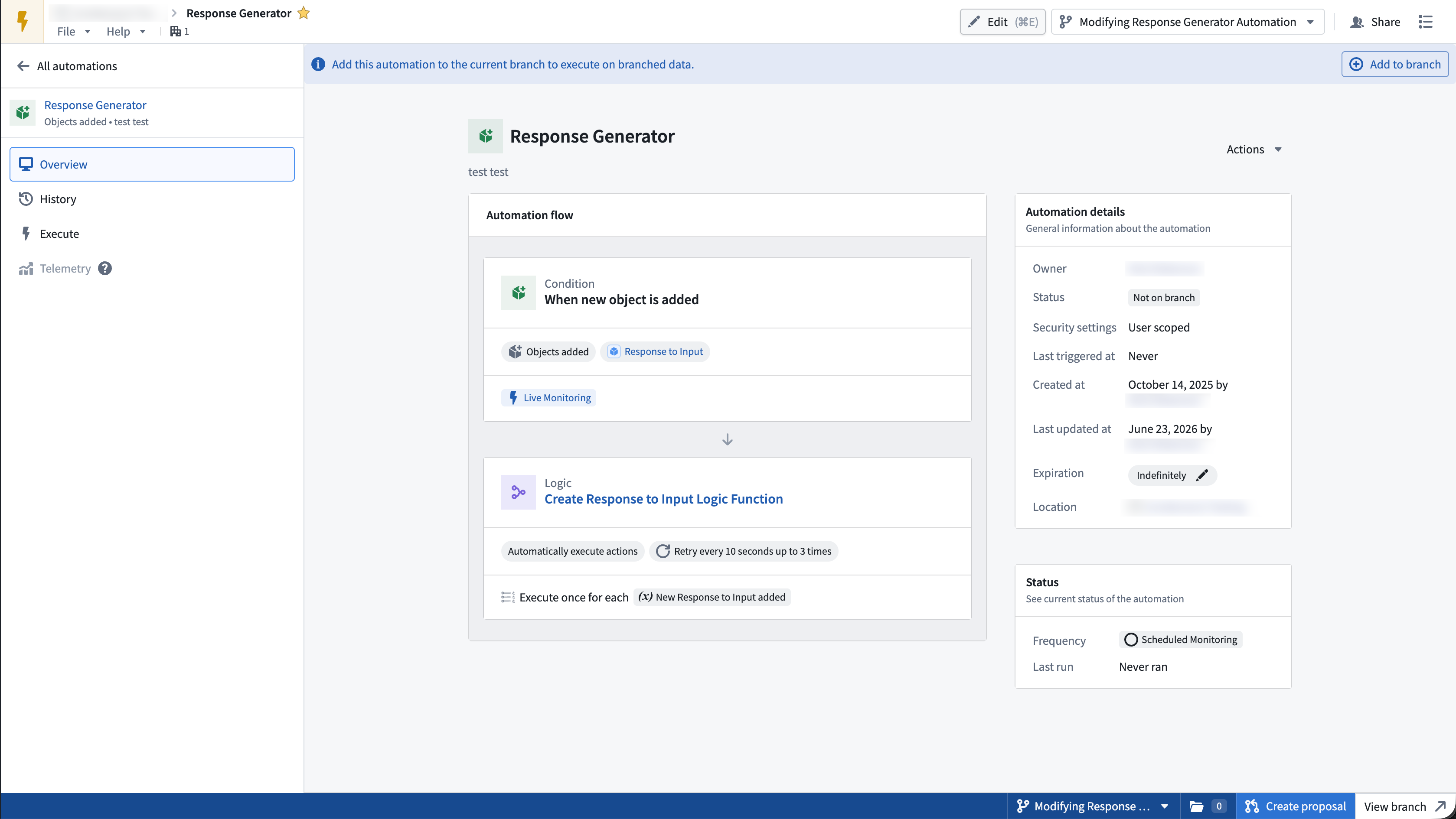브랜치 데이터를 사용하려면 자동화를 Add to branch하라는 안내