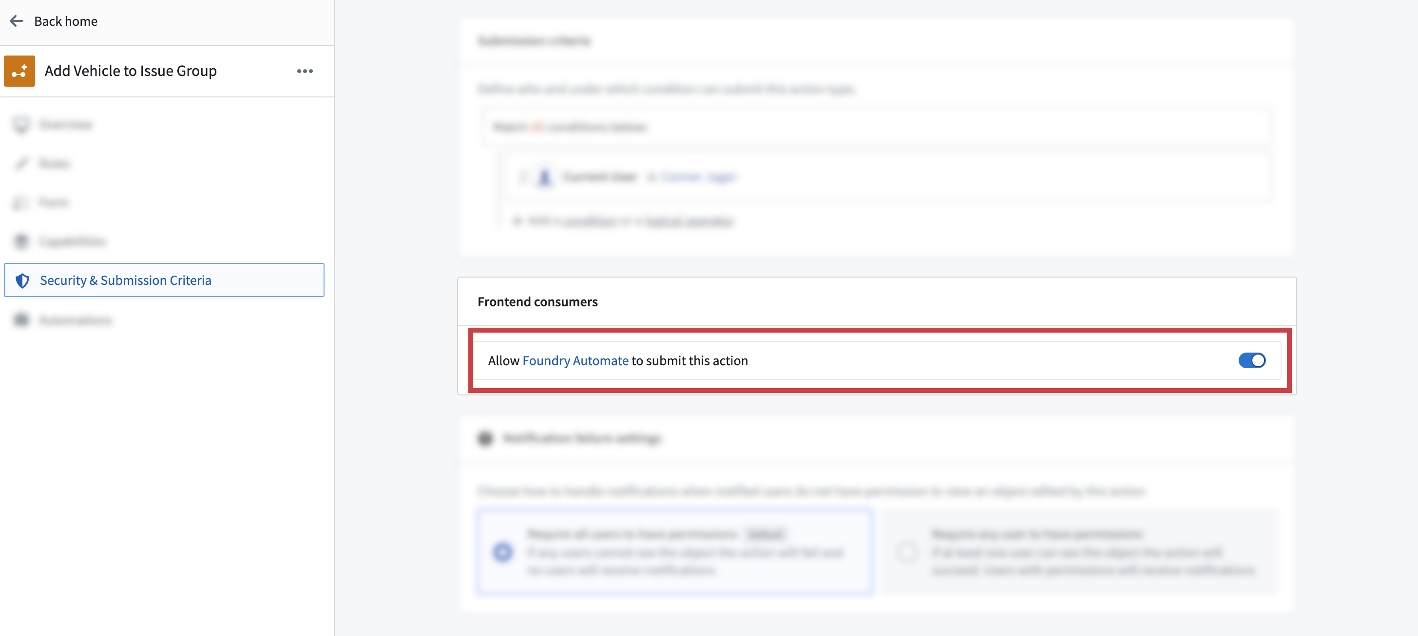 Ontology Manager에서 Automate의 액션 제출을 허용하거나 제한하는 설정