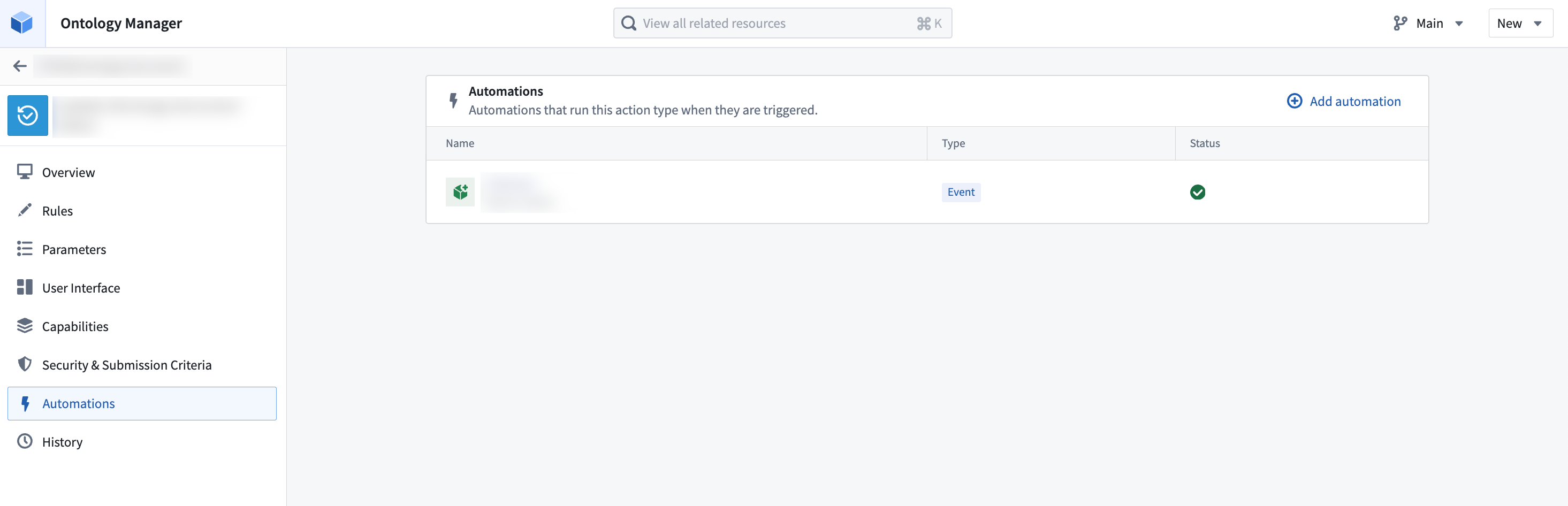 Ontology Manager 액션 유형의 Automations 탭