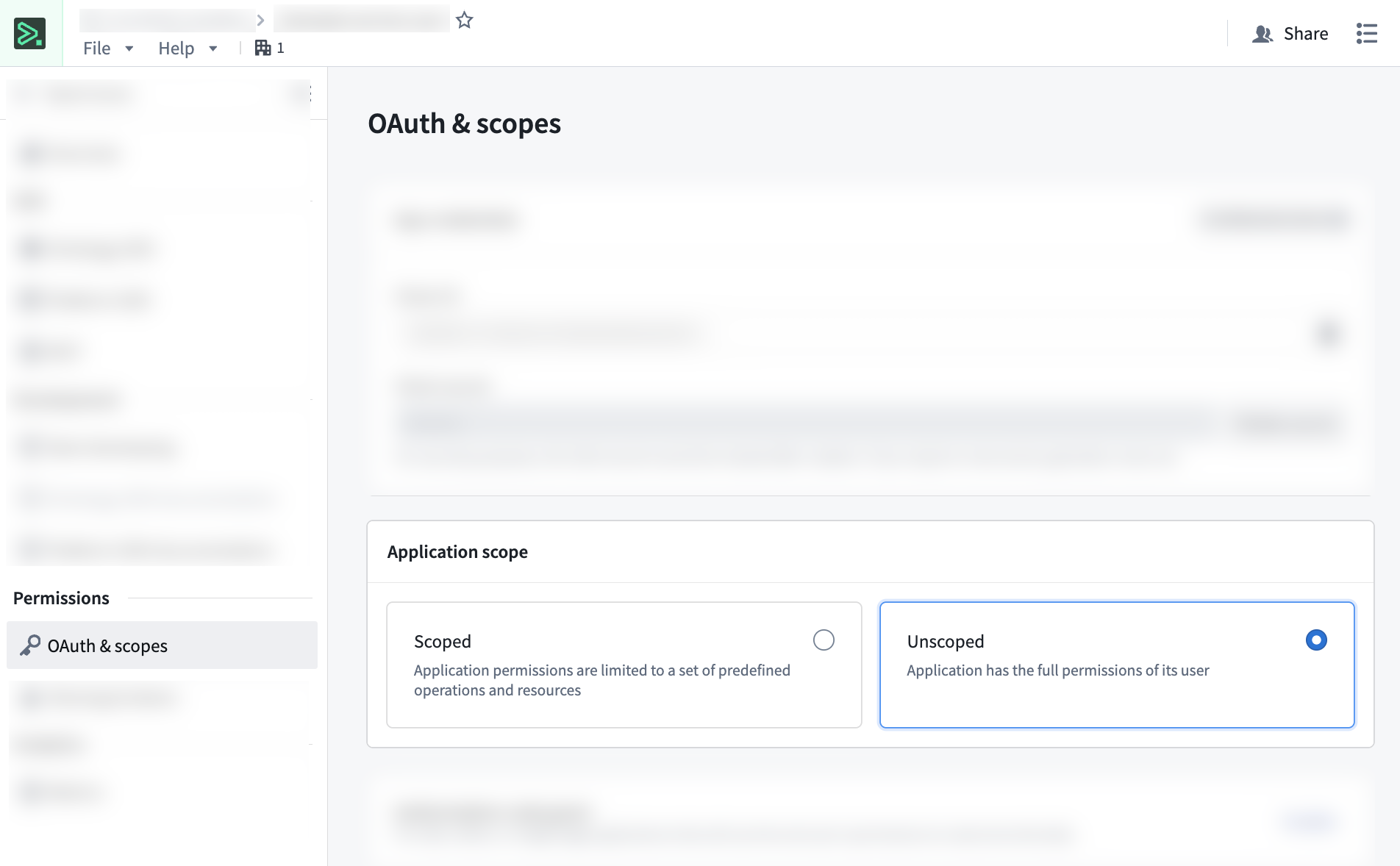 Developer Console에서 애플리케이션을 Unrestricted로 설정하는 화면