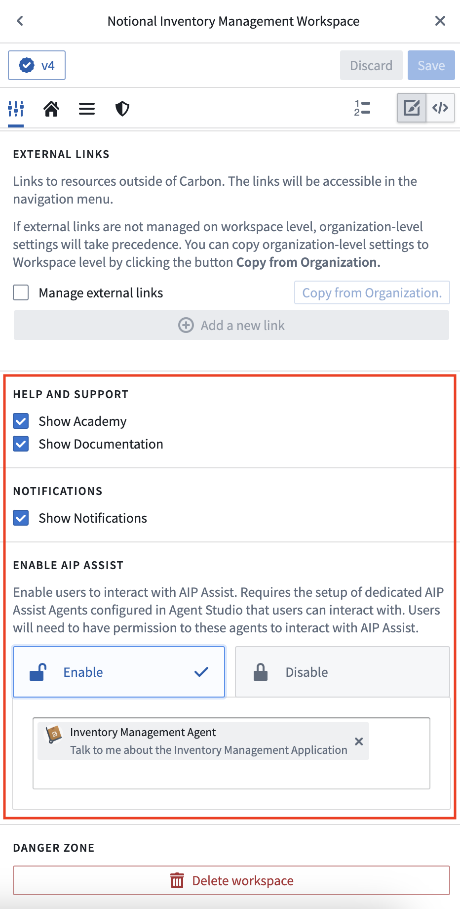 AIP Assist와 알림 등 메뉴 기능을 선택하는 설정