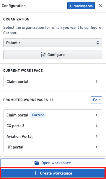 편집 사이드바의 Create workspace 버튼