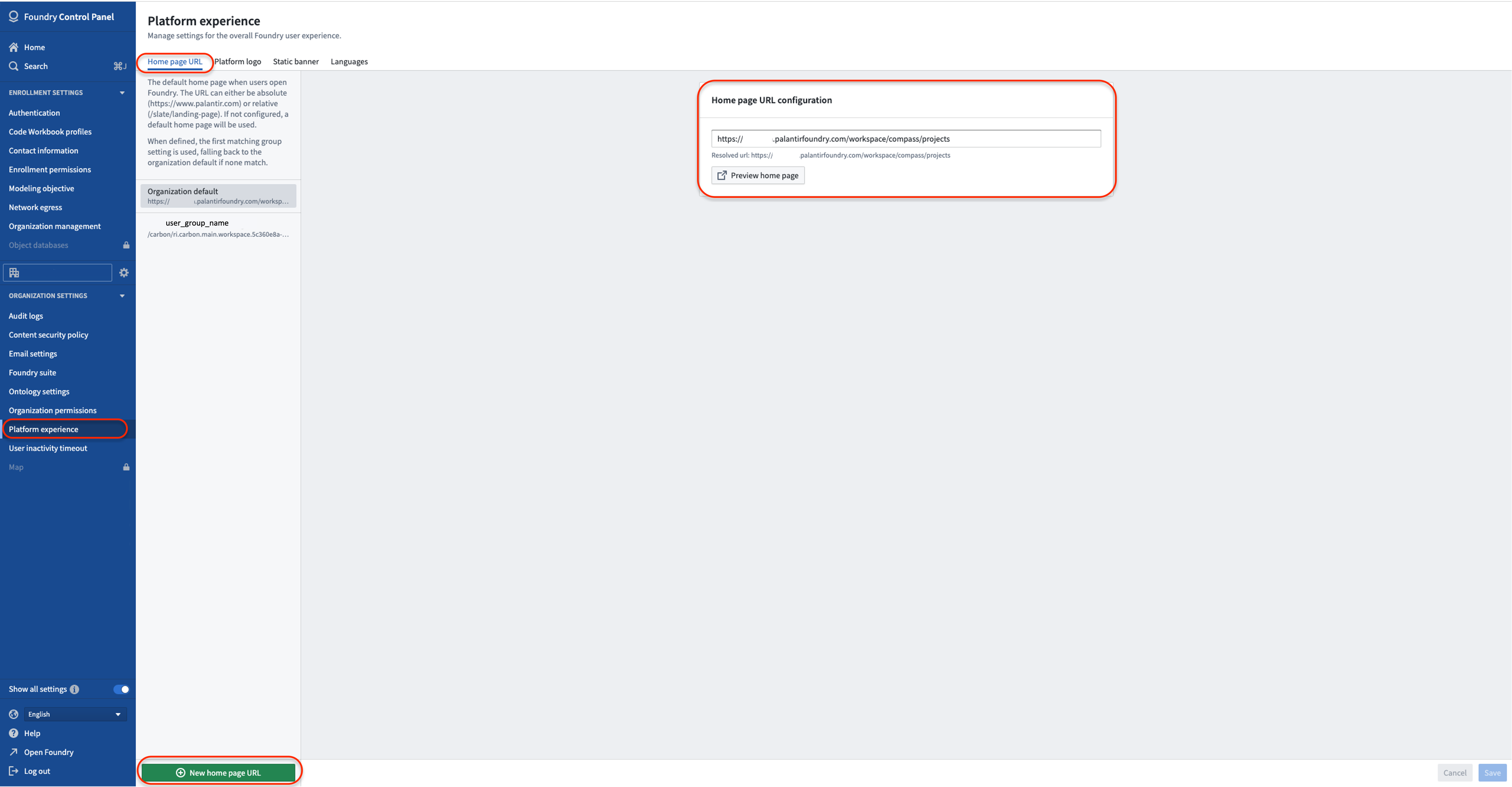 Control Panel의 Home page URL configuration에서 Carbon을 시작 페이지로 지정하는 설정