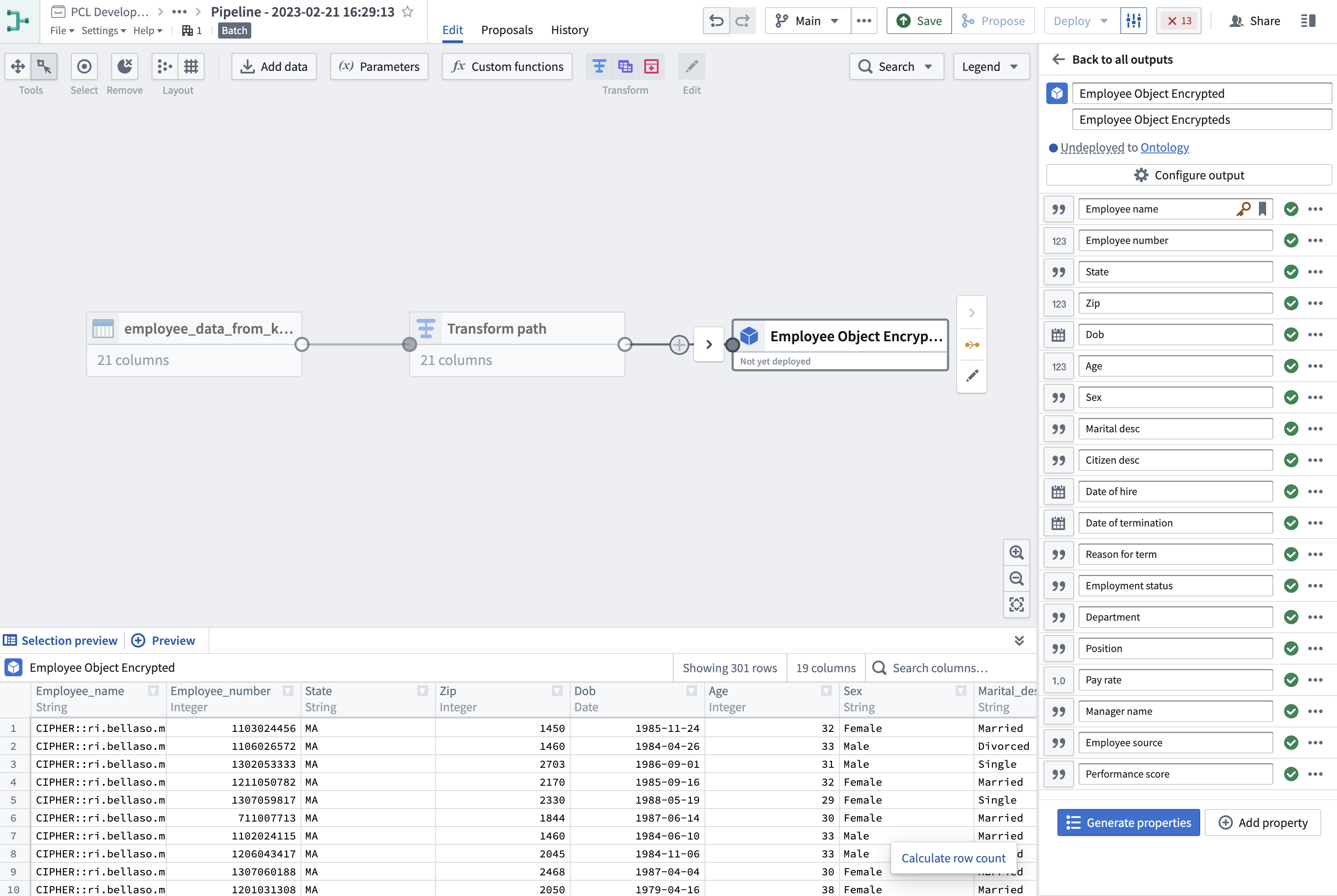 직원 이름 열에 Cipher encrypt를 적용한 Pipeline Builder