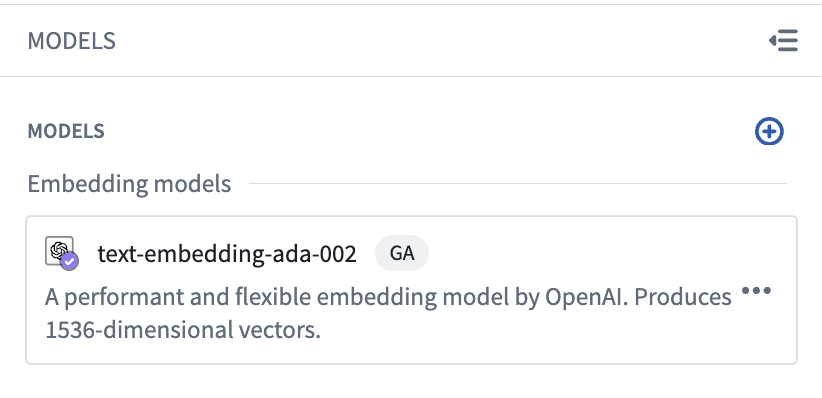 Models 패널에 가져온 text-embedding-ada-002 모델