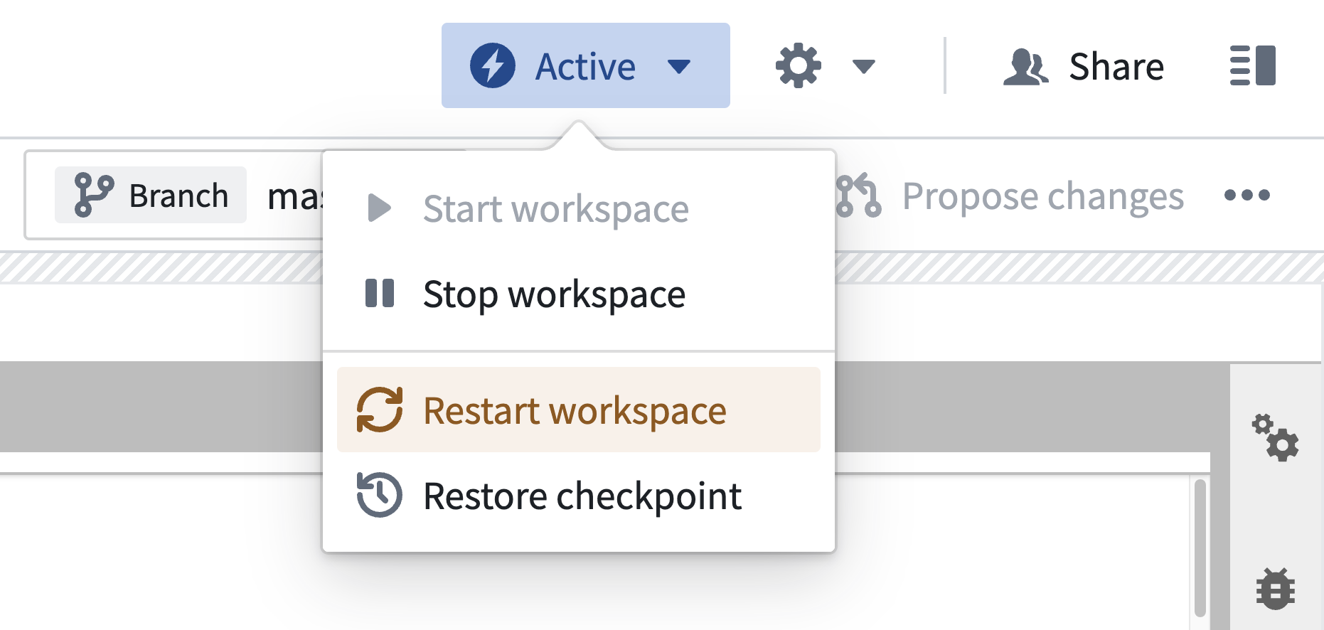 현재 세션을 새로 시작하는 Restart workspace