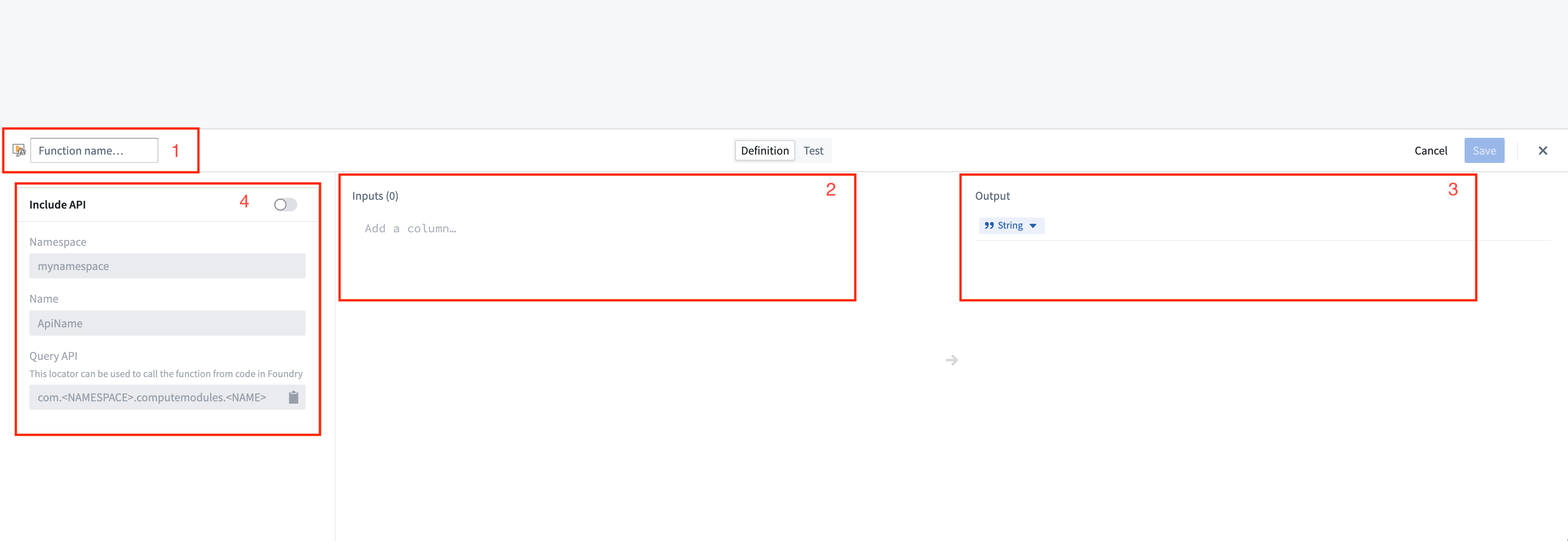 함수 이름, 입력, 출력과 API 이름을 입력하는 Create function 패널