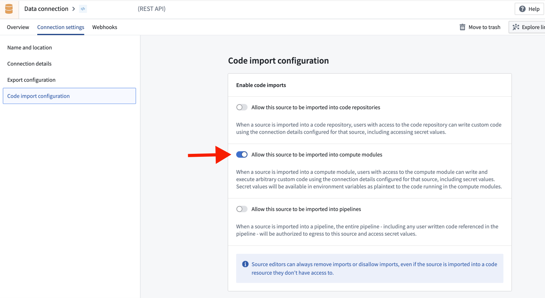 Data Connection 소스를 Compute Module로 가져오도록 허용하는 설정