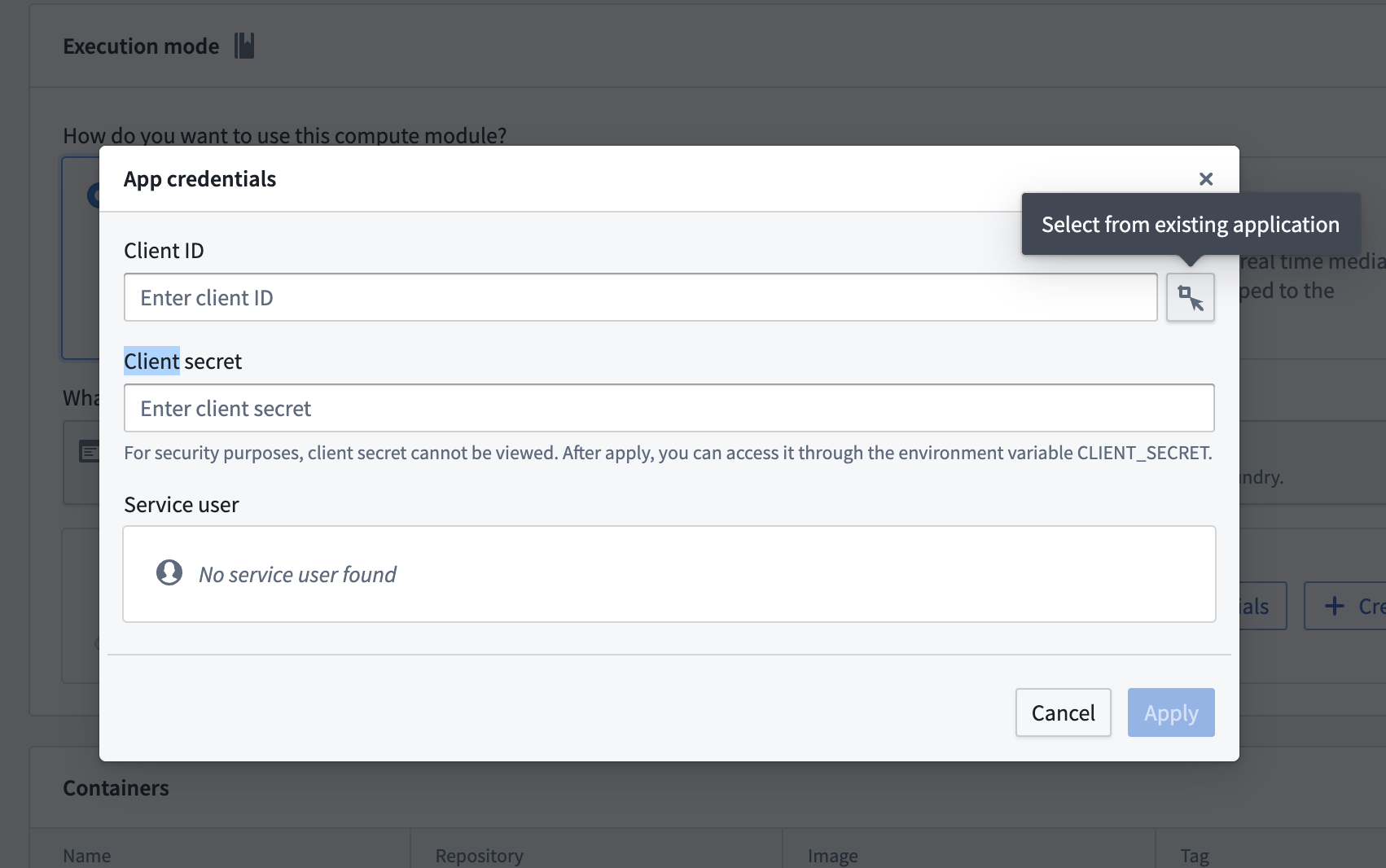 Developer Console 앱의 client ID와 secret을 Compute Module에 설정하는 패널