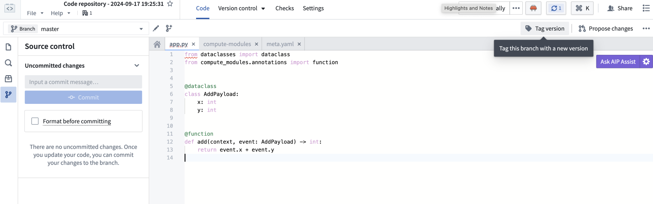 저장소 버전 태그로 컨테이너 이미지를 만드는 화면