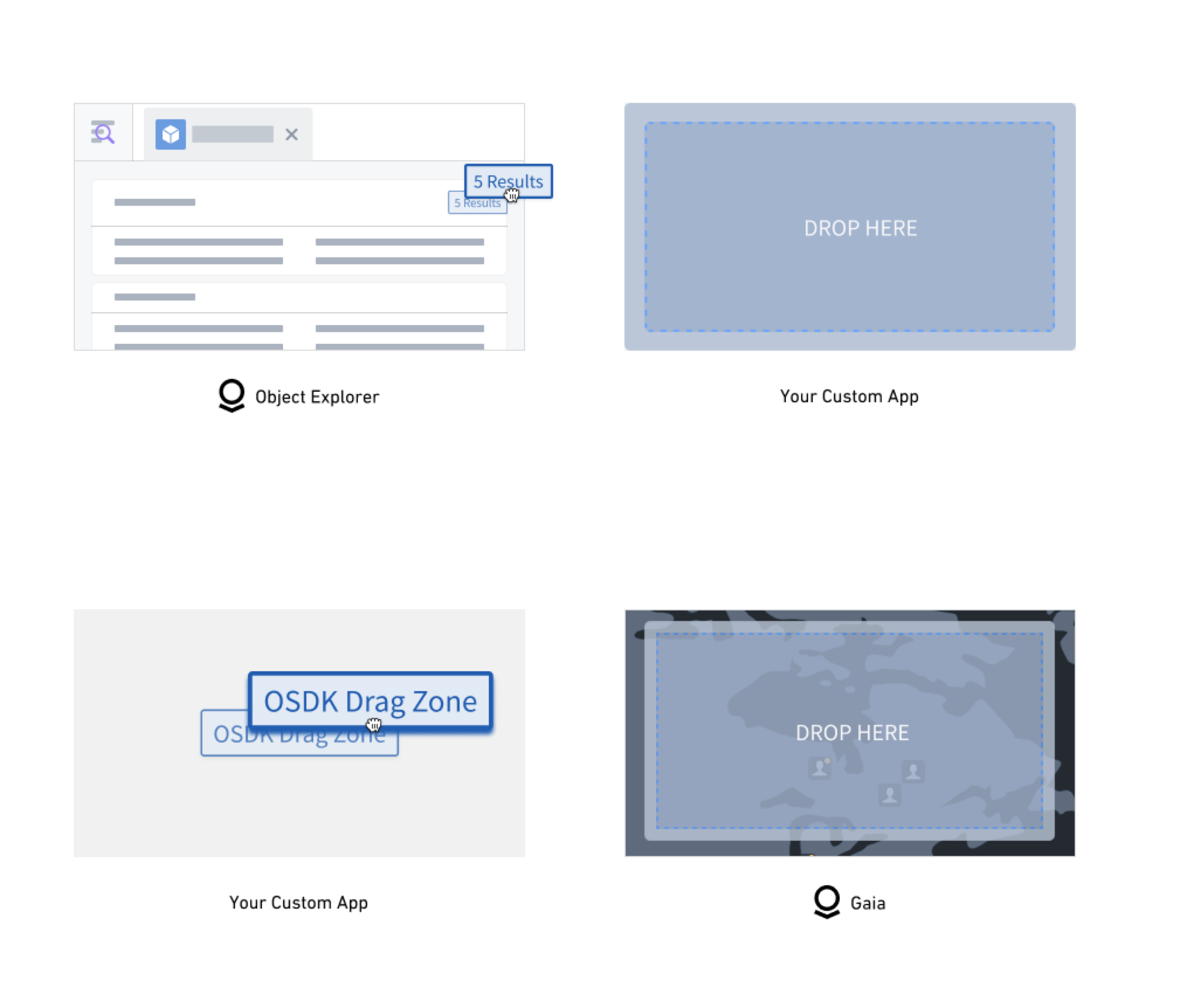 Object Explorer의 객체를 Gaia 지도에 전달하는 drag/drop 영역