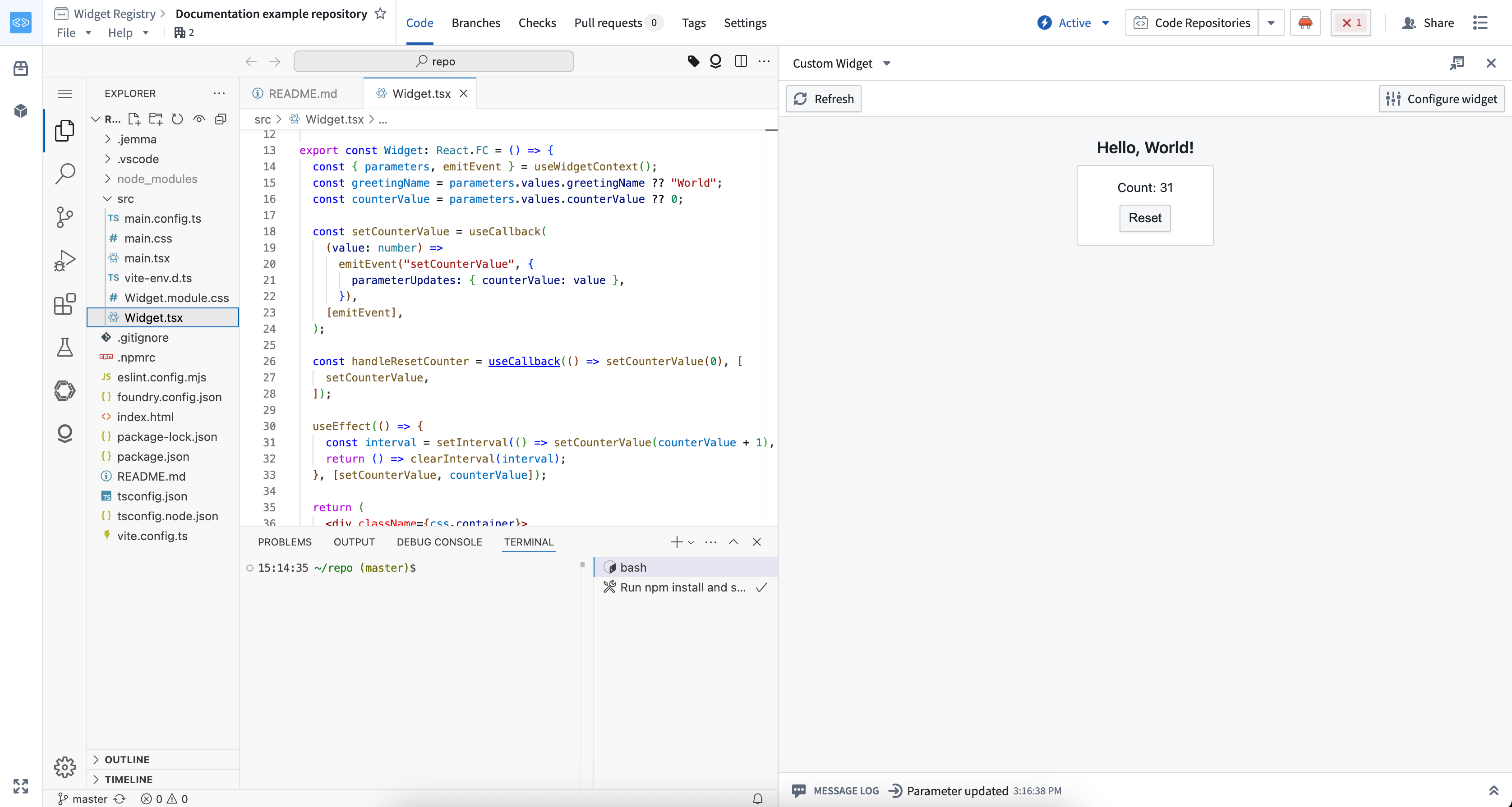 VS Code 작업 공간의 개발 서버로 보는 위젯