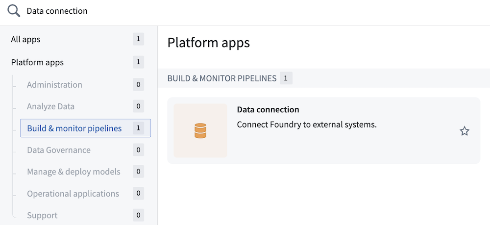 Applications Portal의 Data Connection 검색 결과