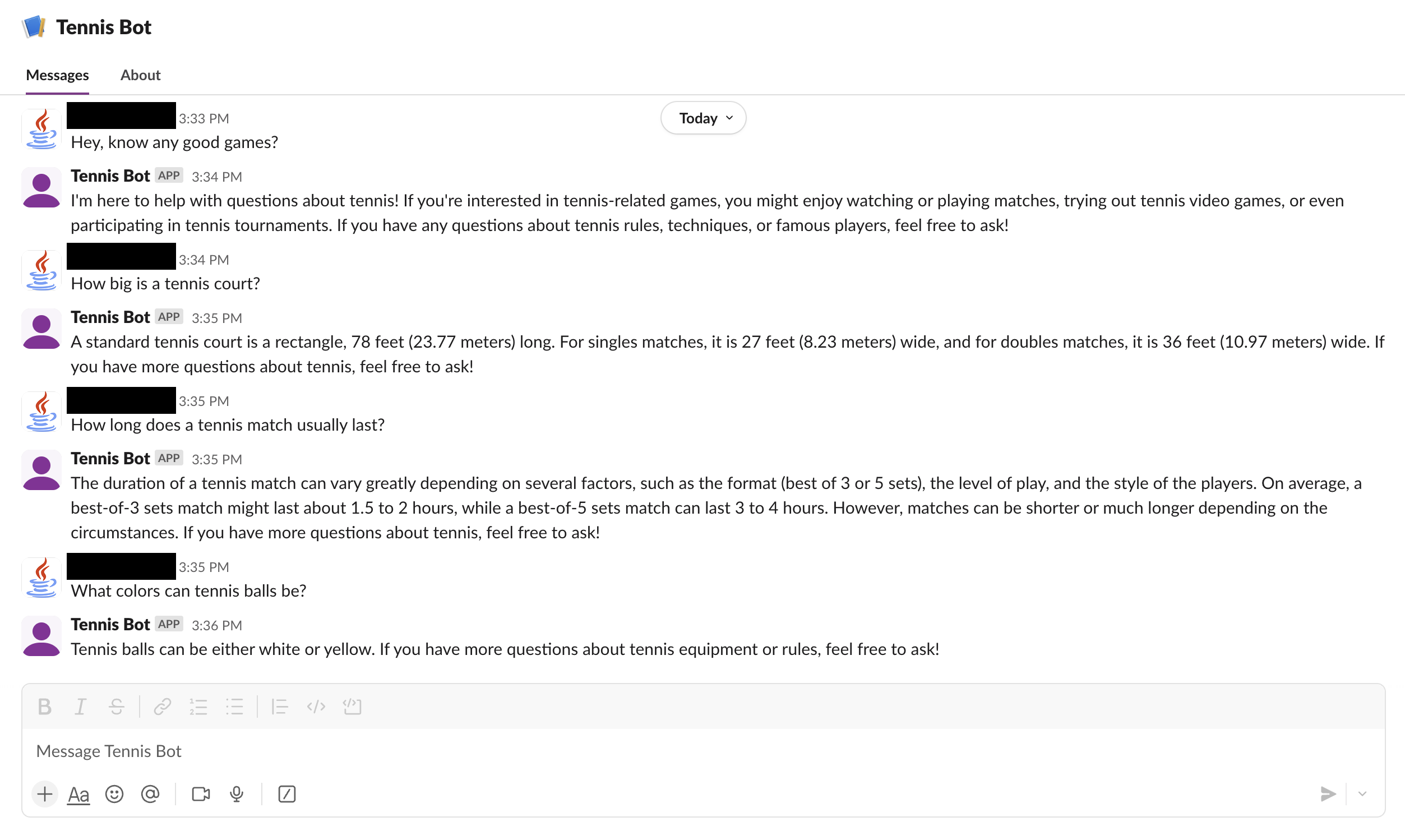 테니스 질문에 답하는 Slack 봇의 예시 대화