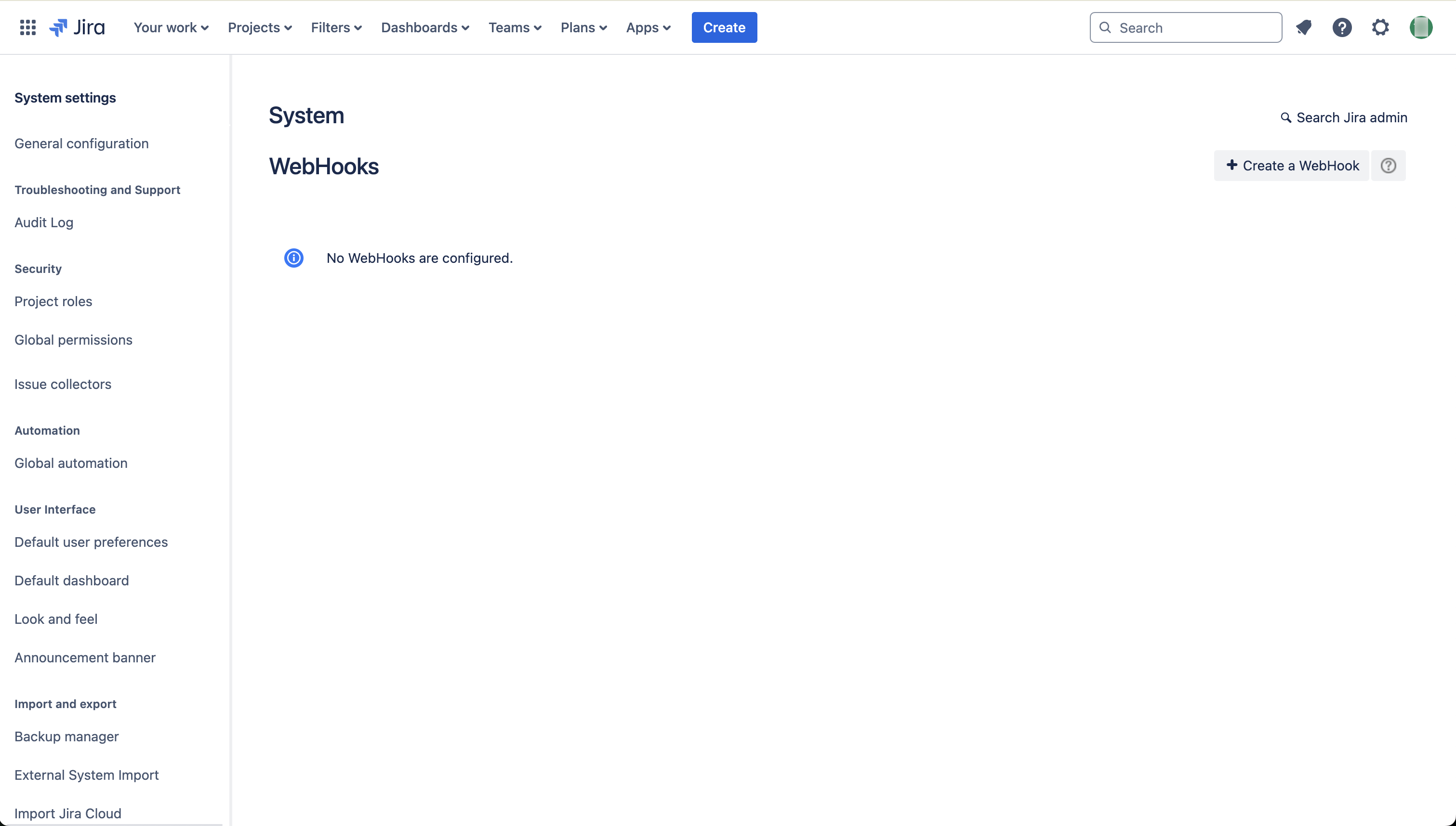 Jira 웹훅 관리 화면