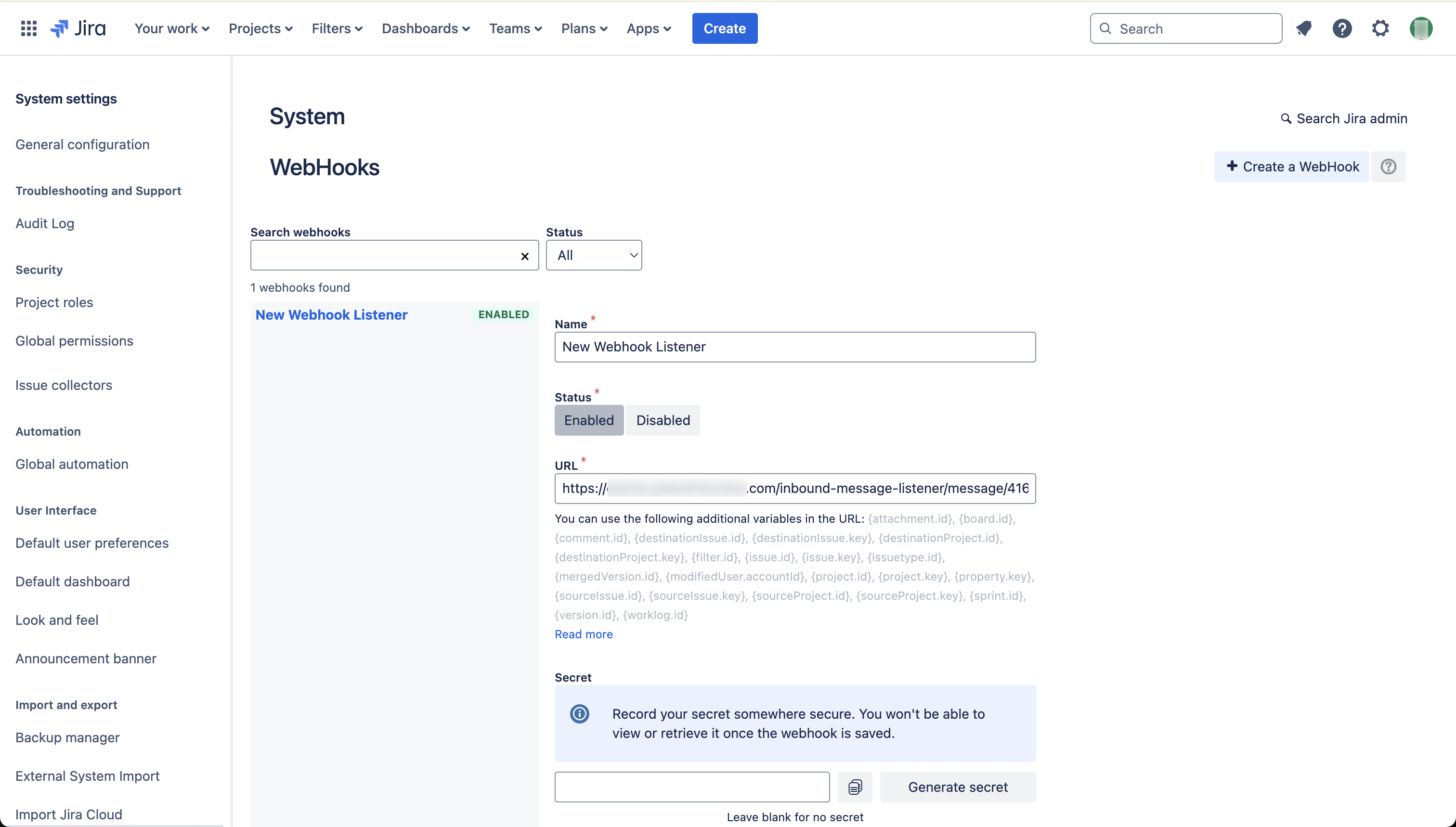 새 Jira 웹훅 생성 화면