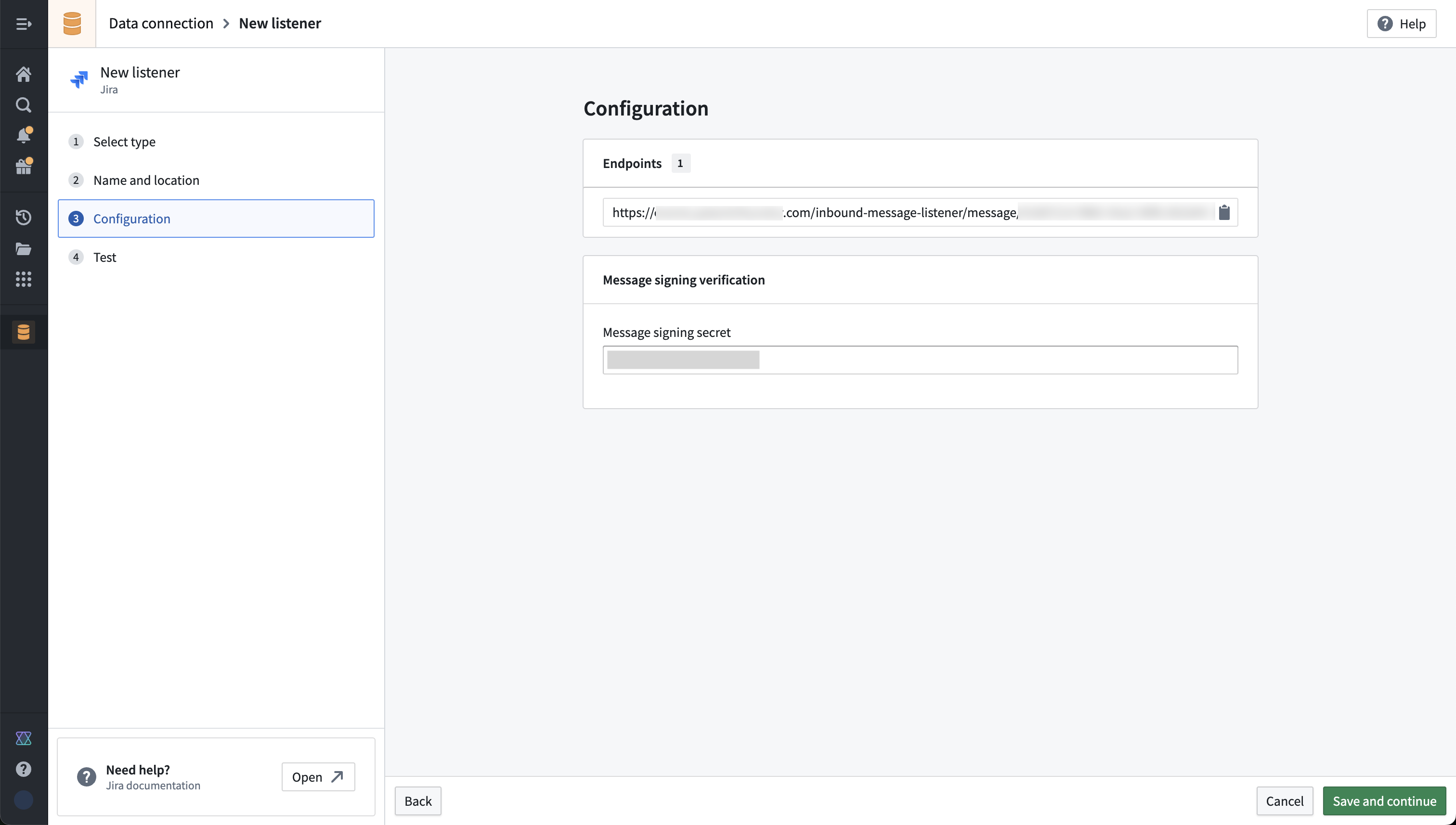 Jira Listener의 엔드포인트와 서명 비밀 정보