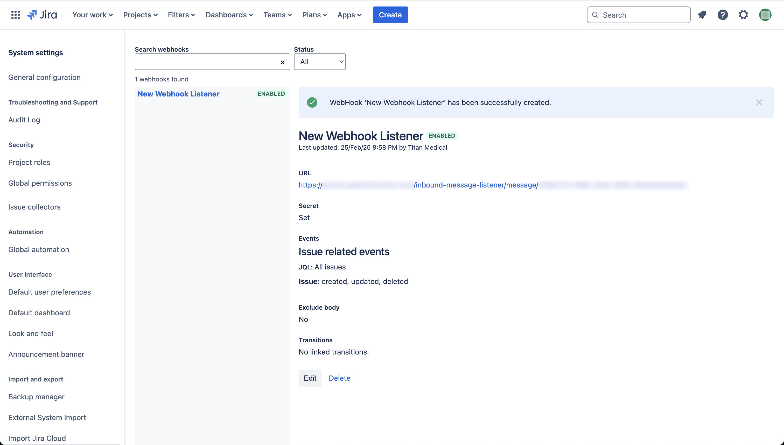 이슈 이벤트를 구독한 Jira 웹훅