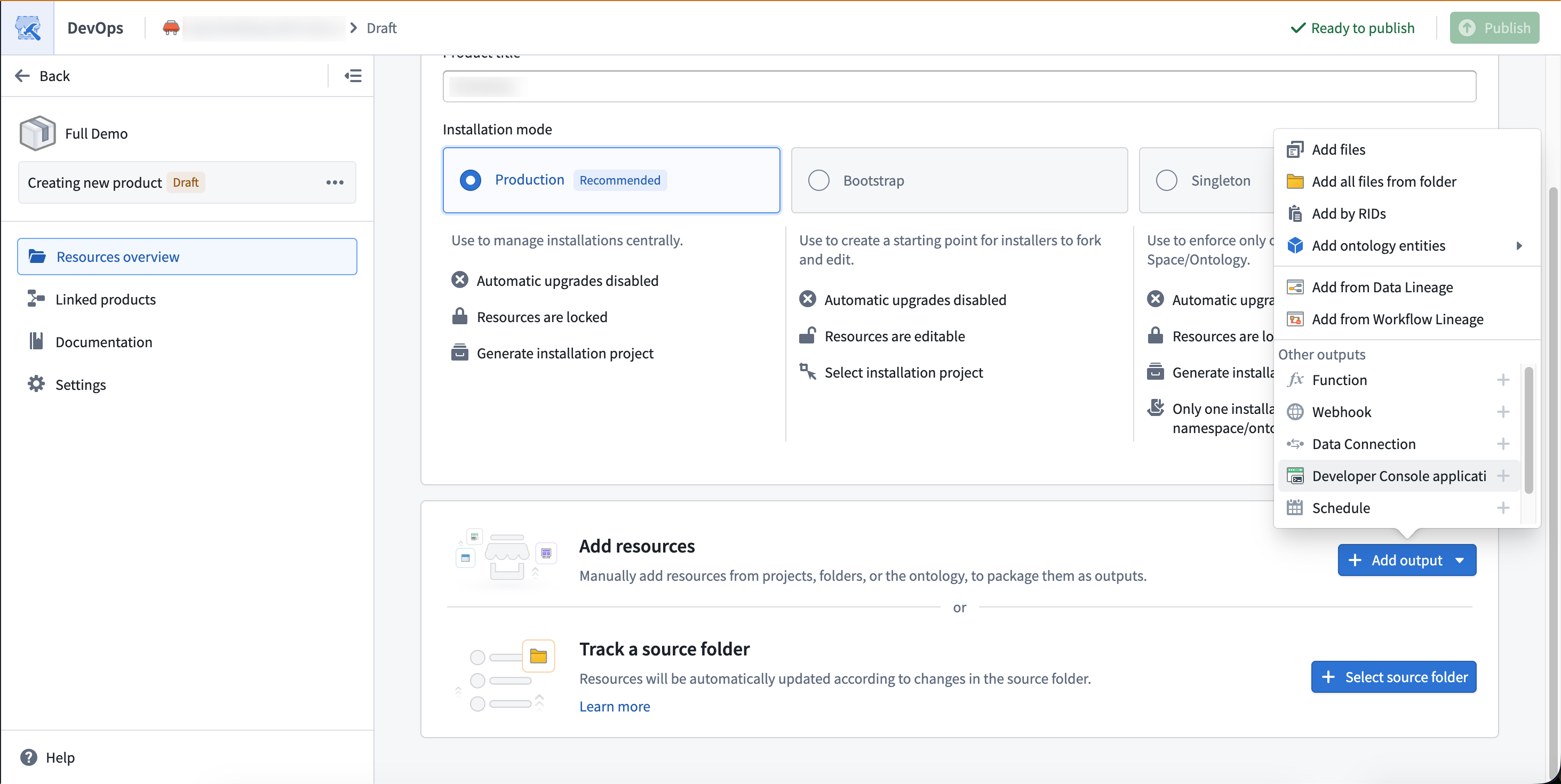 Developer Console 앱을 DevOps 제품 출력에 추가하는 화면