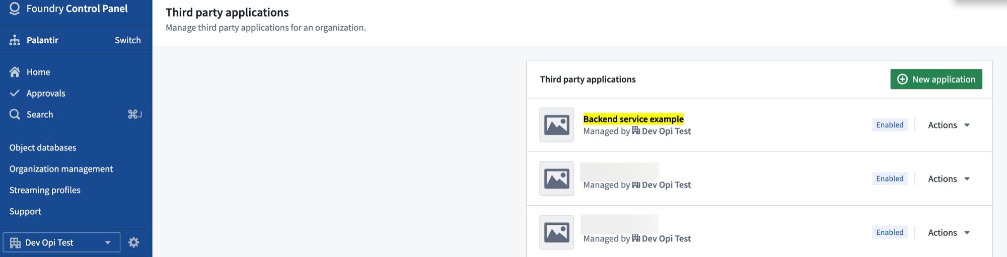 공유받은 앱이 표시된 조직 Control Panel의 Third party applications
