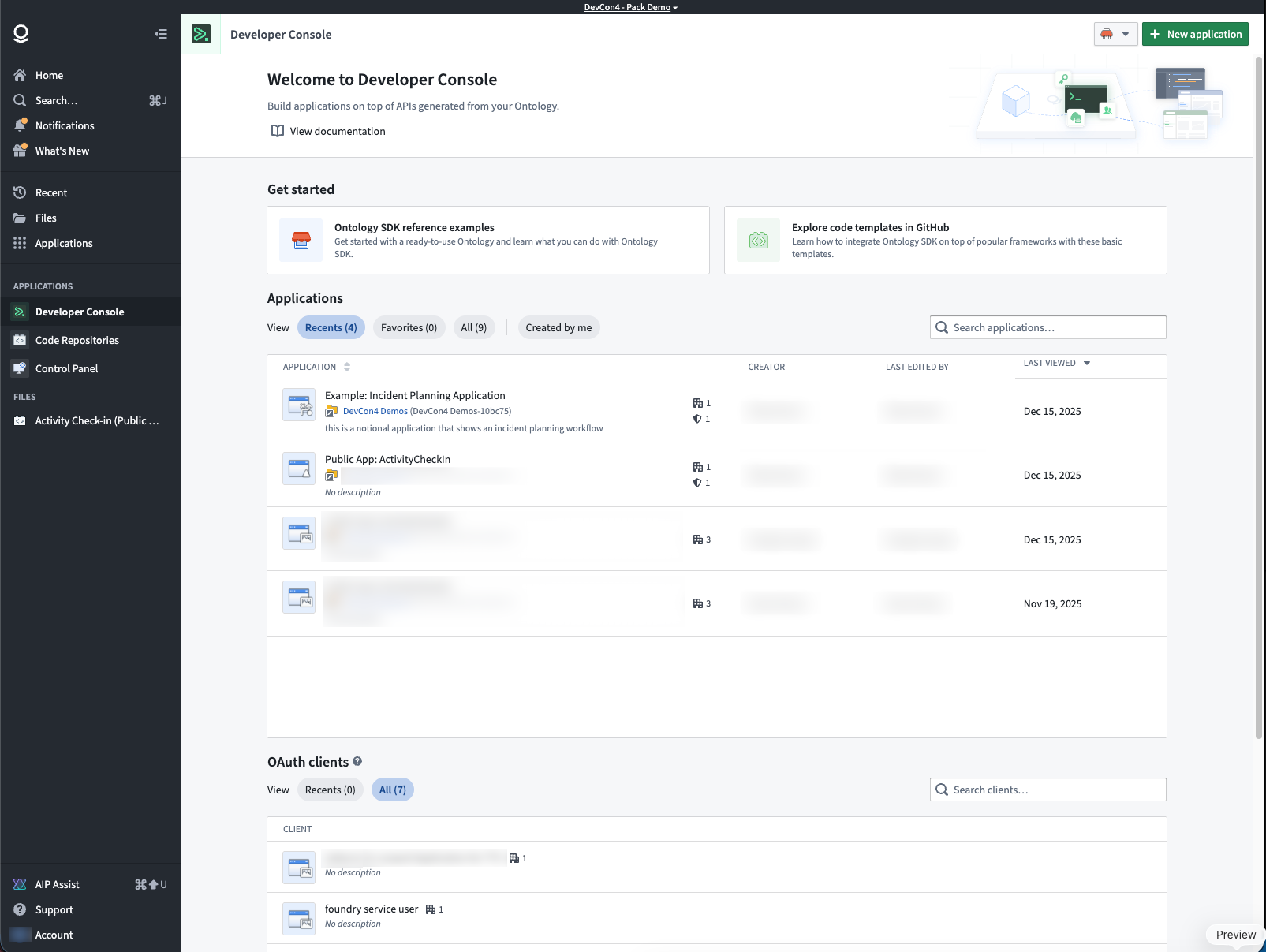 접근 가능한 사용자 앱과 기존 OAuth 클라이언트를 나열하는 Developer Console 홈
