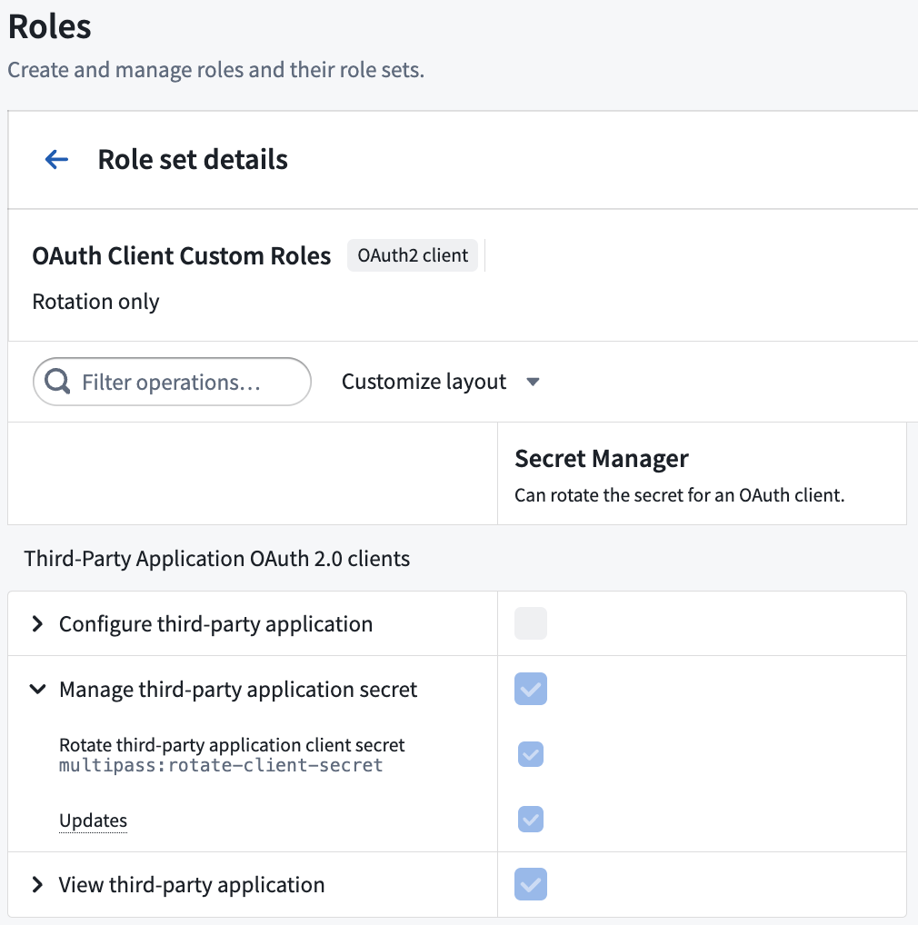 OAuth2 client 문맥에서 비밀값 회전 같은 제한 작업만 가진 역할을 만드는 설정