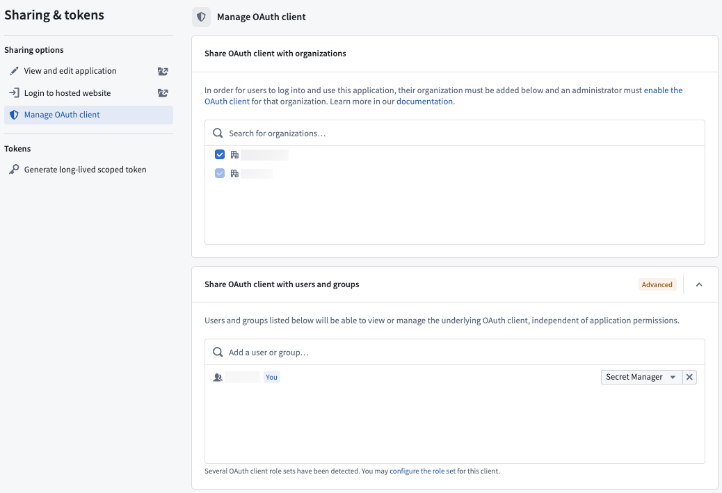 Developer Console 앱의 연결 OAuth 클라이언트를 공유하는 화면
