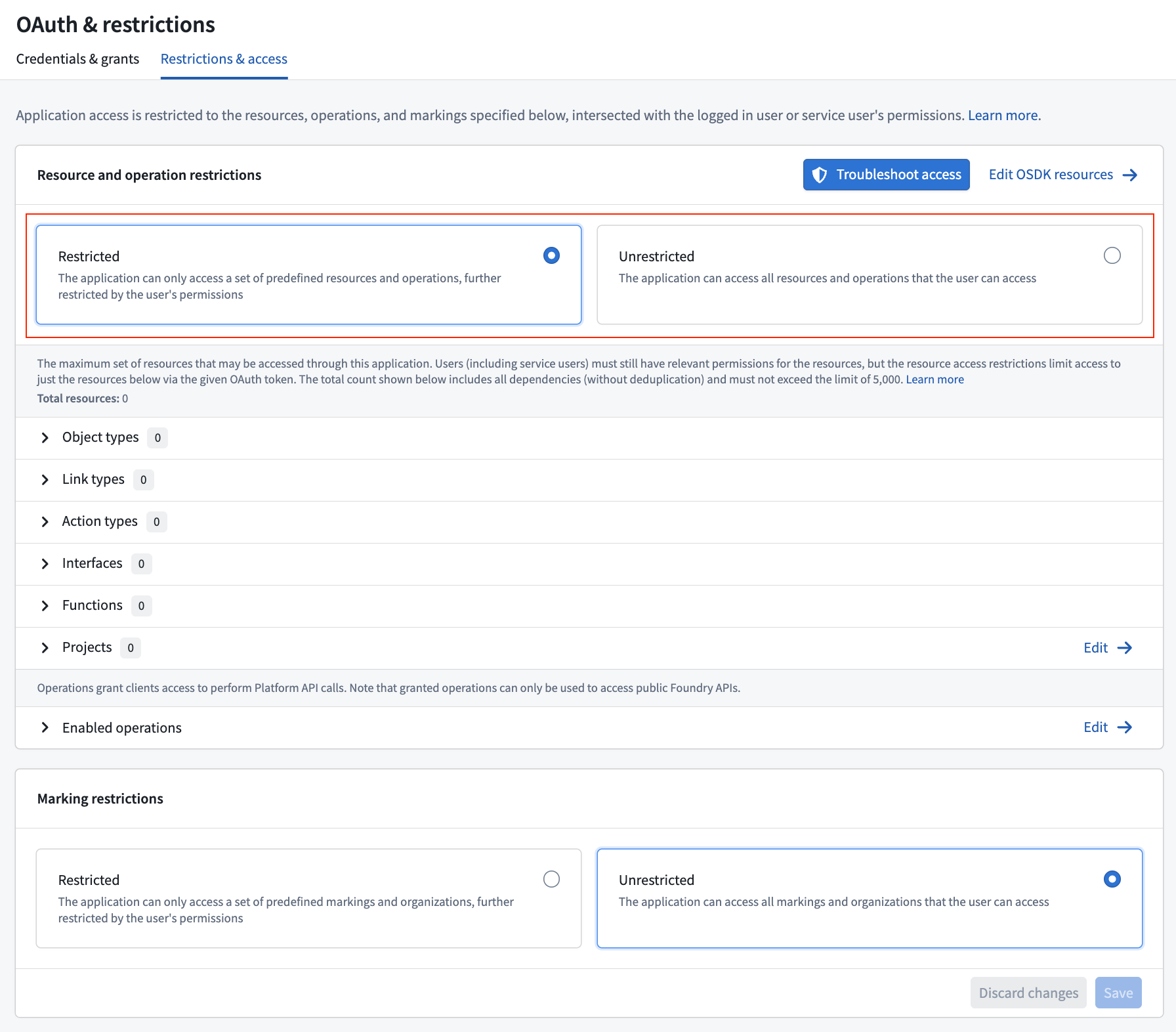 앱 생성 후 Restricted 또는 Unrestricted를 선택하는 Application restrictions 설정