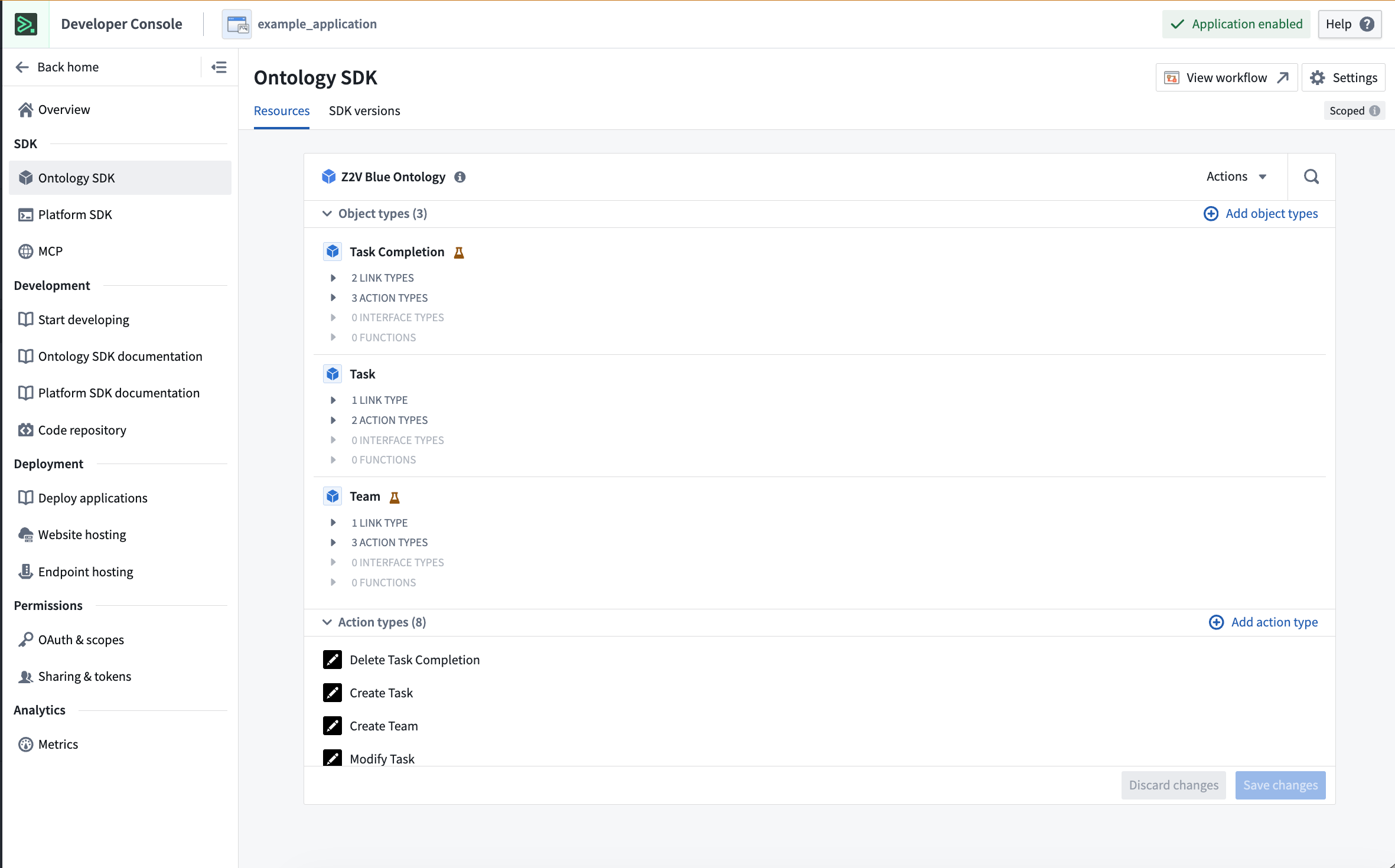 SDK 생성 엔터티와 앱 리소스 범위를 함께 선택하는 Ontology SDK 탭
