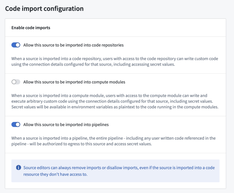 외부 소스를 파이프라인에 가져오도록 허용하는 Code import configuration