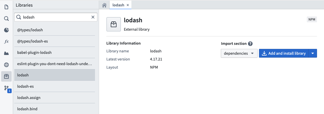 Libraries에서 외부 npm 패키지의 버전과 설치 대상을 선택하는 화면