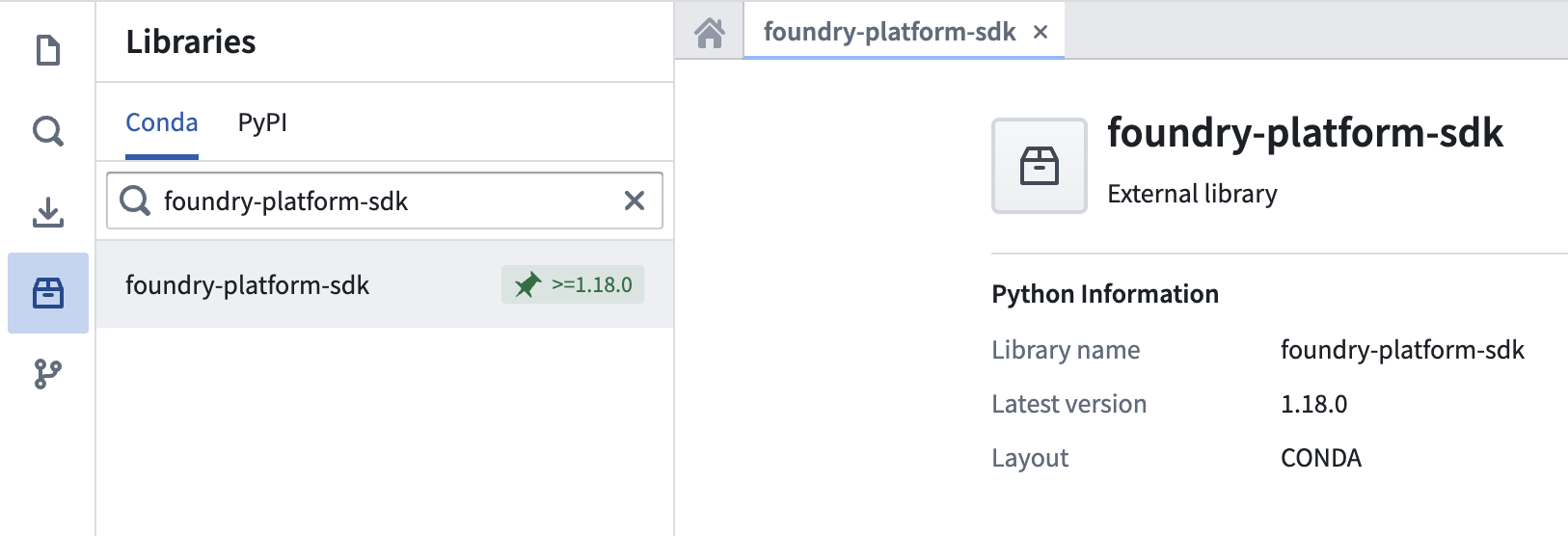 Python Platform SDK를 검색하는 Libraries 패널