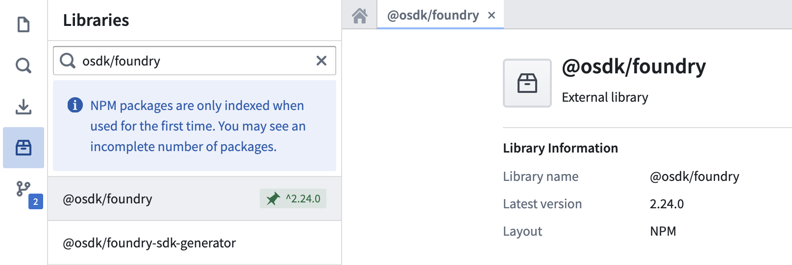 TypeScript의 @osdk/foundry를 선택하는 Libraries 패널