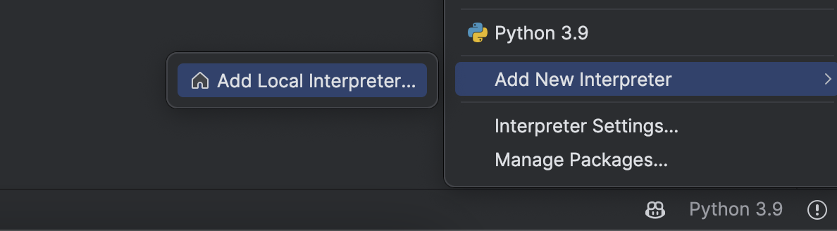 PyCharm의 Add New Interpreter 항목